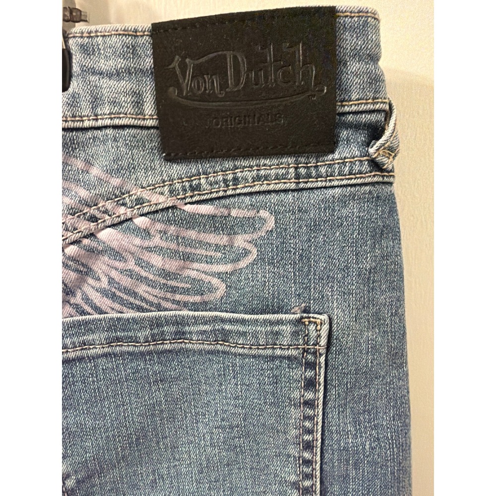 Von Dutch Y2K Denim Mini Skirt Medium Wash Logo Patches Wings NWT Size 1/25 - Picture 3 of 5